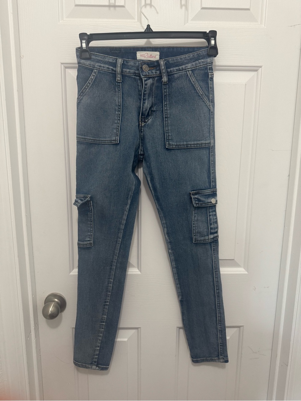 Red Bottom Womens Skinny Cargo Jeans in Faded Blue